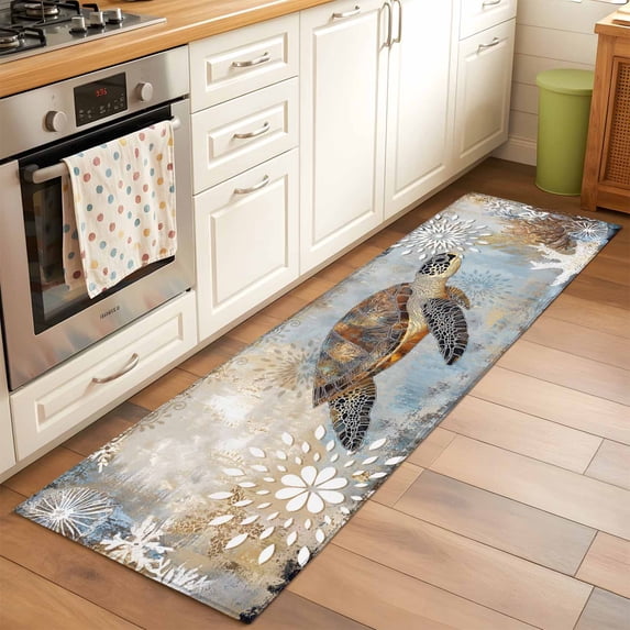 Retro Abstract Ocean Turtle Runner Rugs 2x6 ft Marine Life Starfish Watercolor Washable Hallway Rugs Non-Slip Floor Mats Absorbent Carpet Bedside Runners for Bedroom Kitchen Bathroom Laundry Room