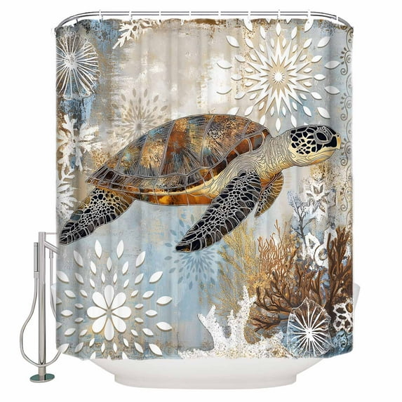 Retro Abstract Ocean Turtle Shower Curtain, 36" x 72", Marine Life Starfish Watercolor Waterproof Bathroom Curtain Washable Shower Curtain Set with 12 Hooks