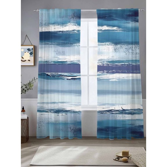 Retro Abstract Ombre Blue Wave Chiffon Sheer Curtains 84 Inches Long Watercolor Ripple Seamless Rod Pocket Window Curtains Voile Drapes Curtains for Living Room Bedroom,2 Panels