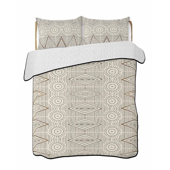 Retro Abstract Quilts Bedding Set Queen Size Geometric Sun Mountain Bohemian Ethnic Symbol Lightweight Quilted Bedspread 3 Piece Bed Quilt with 2 Pillow Shams All Season for Bedroom 78" x 90"
