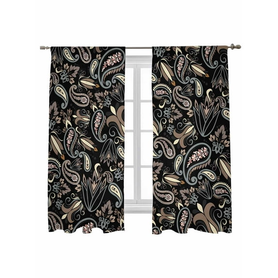 Retro Abstract Sheer Curtains 63 Inch Long 2 Panels, Flowers Paisley Black Brown Farmhouse Light Filtering Rod Pocket Semi Sheer Curtains, Sheer Voile Drapes for Living Room Bedroom, 52"x63"