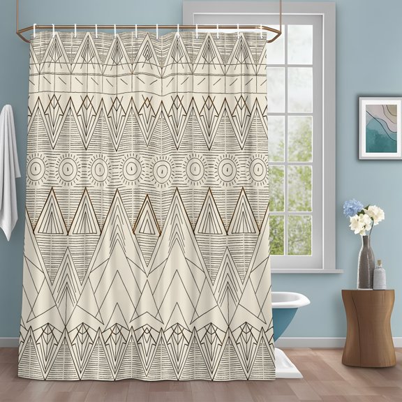 Retro Abstract Shower Curtain with Hooks, Geometric Mountain Sun Bohemian Ethnic Symbol Water Repellent Shower Curtains for Bathroom Decor Sturdy Shower Curtain, Machine Washable 72x78 Inch