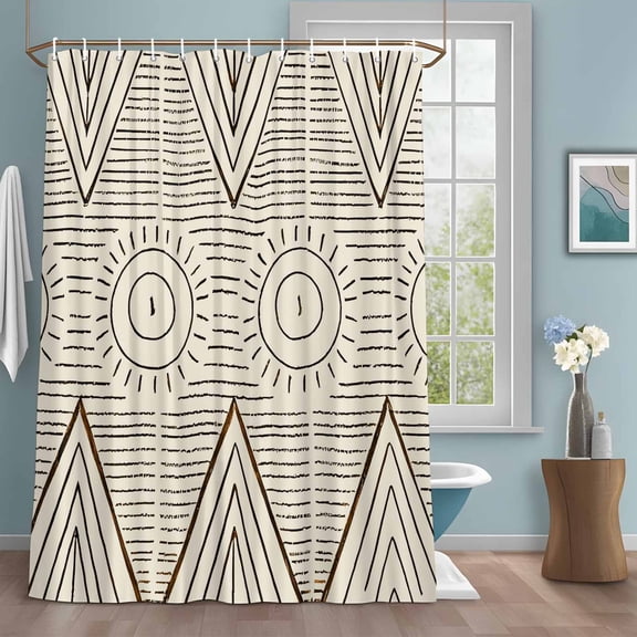 Retro Abstract Shower Curtain with Hooks, Geometric Sun Mountain Bohemian Ethnic Symbol Water Repellent Shower Curtains for Bathroom Decor Sturdy Shower Curtain, Machine Washable 66x72 Inch