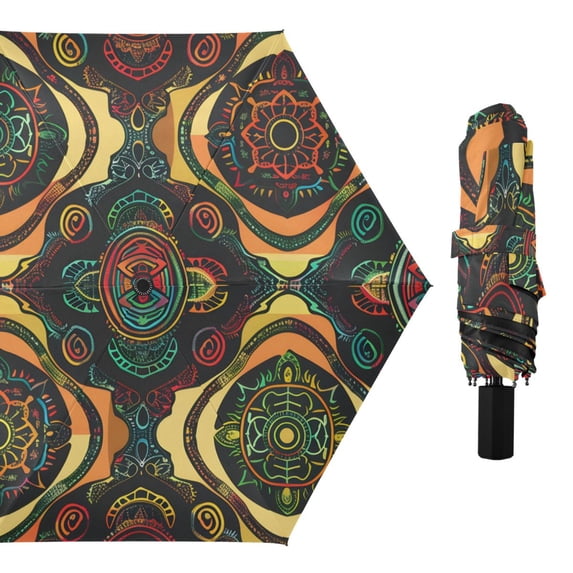 Retro Abstract Turtle Pattern All Weather Umbrella Triple Folding Parasol 6 Ribs UV Protection Portable