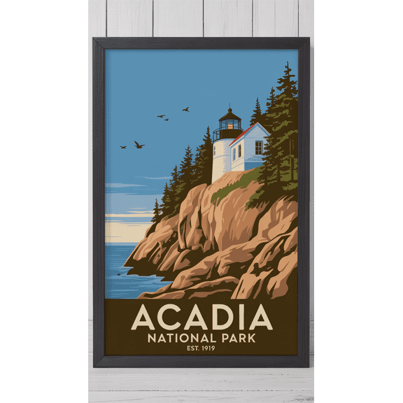 Retro Acadia National Park - Bass Harbor Lighthouse Maine Wall Art Print