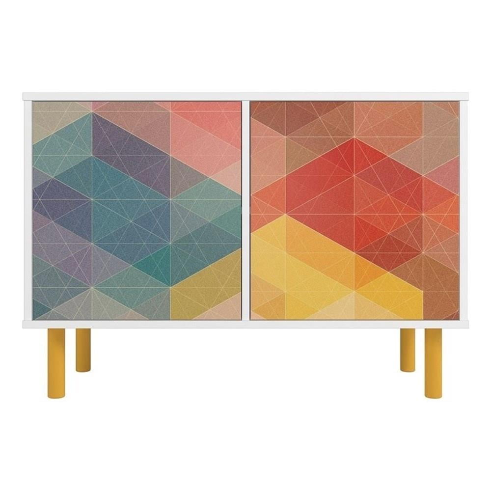 Retro Multicolor Geometric Pattern Office Cabinet with Yellow Legs