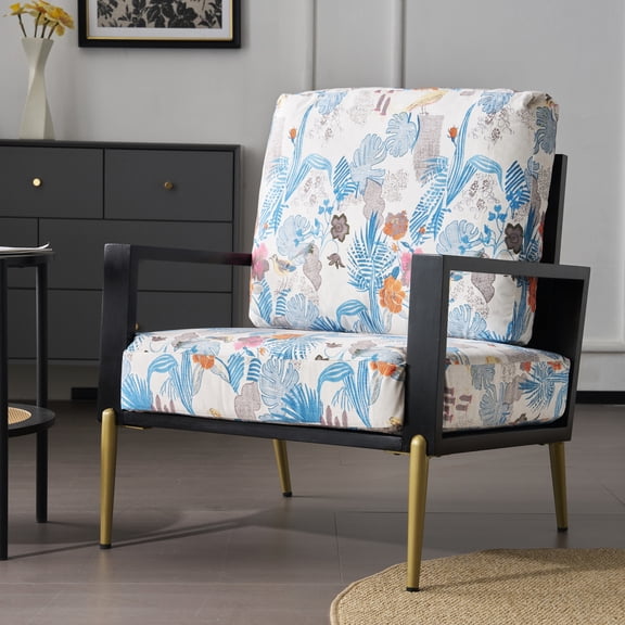 Retro Accent Chair With Cushions And Gold Metal Frame Antique Blue Velvet Armchair Comfortable Seat Trim