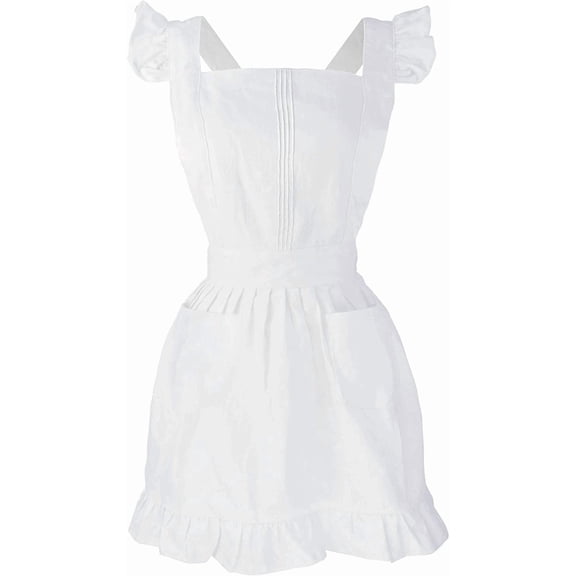Retro Adjustable Ruffle Apron Kitchen Cooking Baking Cleaning Maid Costume (White)