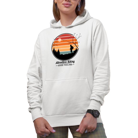 Retro Adventure Hiking Good Feeling, White Hooded Sweatshirt or Hoodie, Small