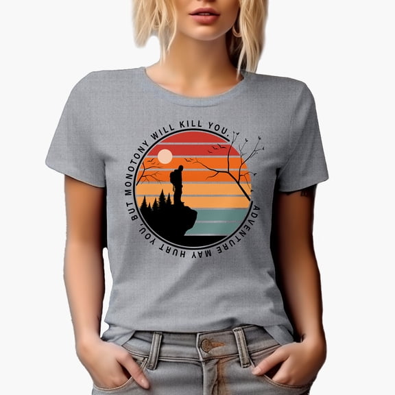 Retro Adventure May Hurt You But Monotony Will Kill You, Heather Grey T-Shirt, Large