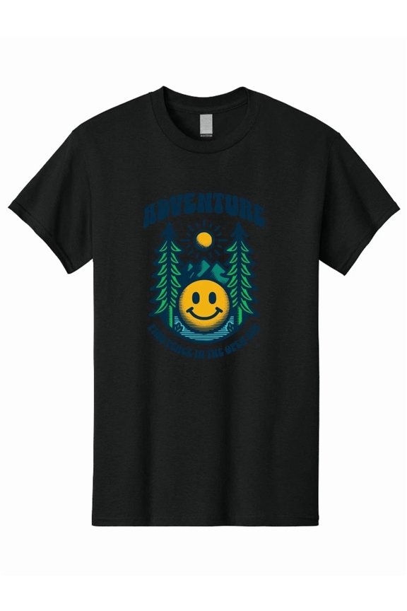 Retro Adventure Smiley Face Nature Trees Mountains Sun Wilderness Camp Unisex T-Shirt, S-5XL