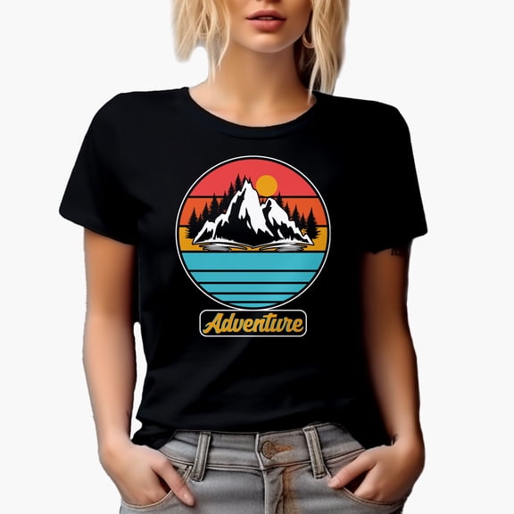 Retro Adventure with Mountain, Black T-Shirt, Large
