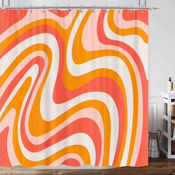 Retro Aesthetic 70S Swirl Abstract Shower Curtain 80S 70S 60S Vintage Cute Boho Orange Beige Shower Curtain Set Groovy Rainbow Waves Stripes Trippy Fabric Bathroom Accessories 72X72 Inch