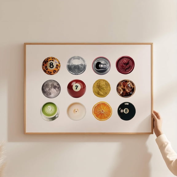 Retro Aesthetic Collage Poster, Leopard 8 Ball Print, Vintage Circles Collage Print, Funky Disco Wall Print, Horizontal Dorm Room Collage, Stretched Canvas Size 8x12 F03.1.14l1596