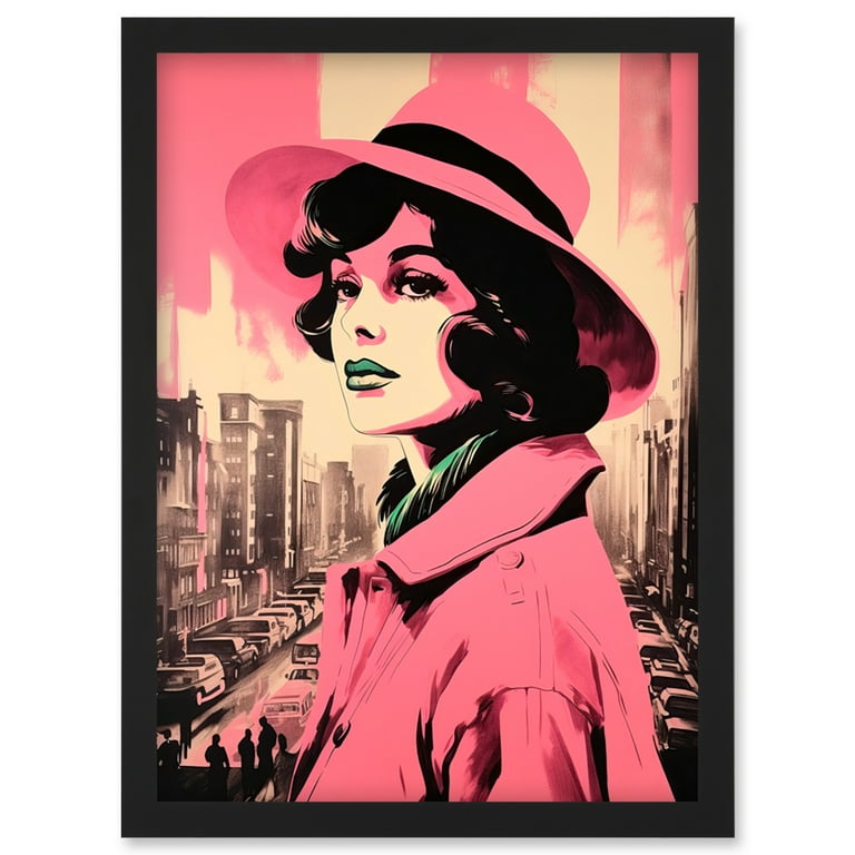Retro Aesthetic Vintage Fashion Pink Cityscape Artwork Framed Wall