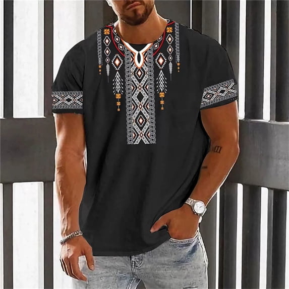 Retro African Dashiki T Shirts for Man Crew Neck Short Sleeve Graphic Tees Summer Vacation Top Loose Black XL
