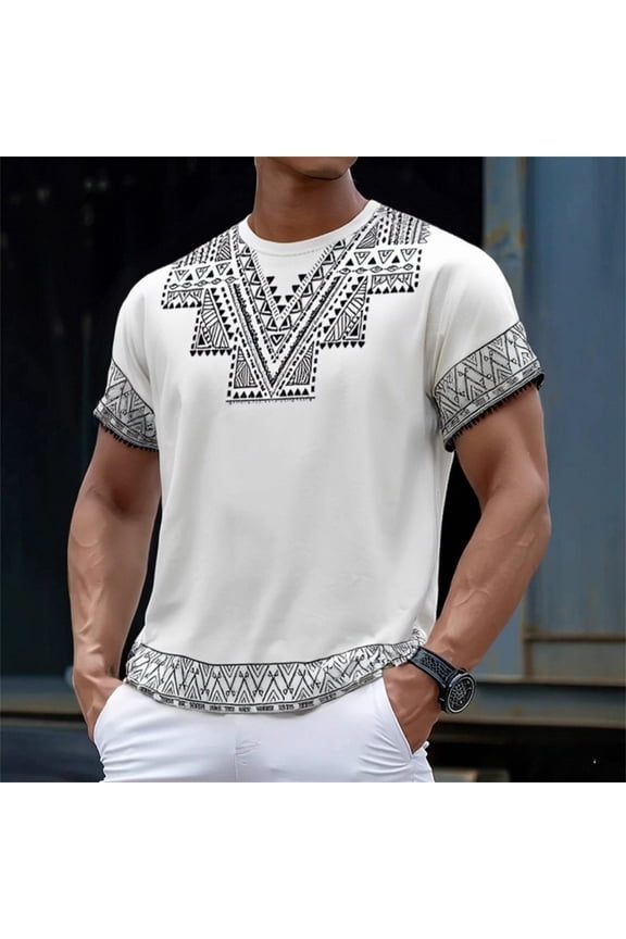 Retro African Dashiki T Shirts for Man Crew Neck Short Sleeve Graphic Tees Summer Vacation Top Loose White L