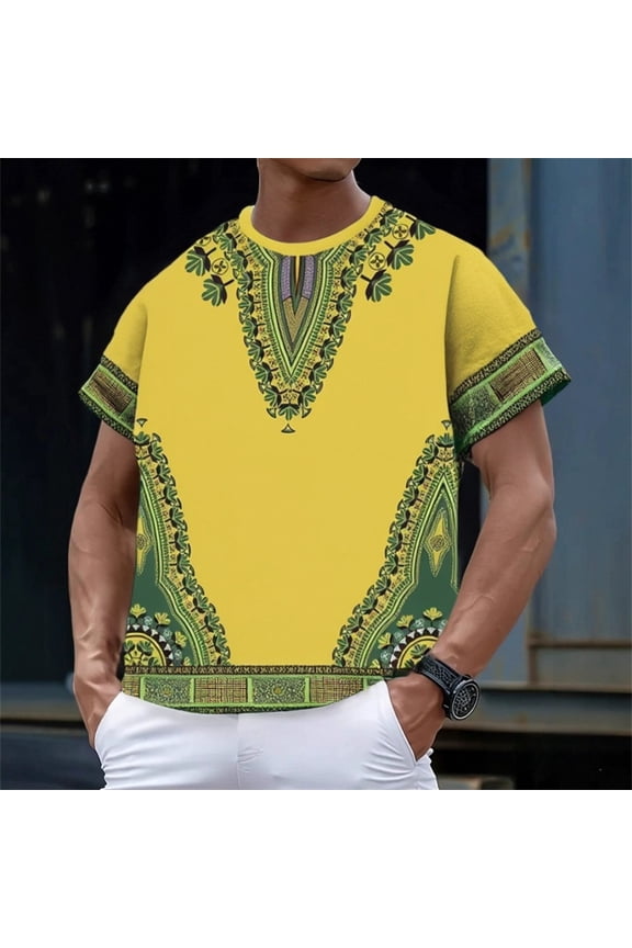 Retro African Dashiki T Shirts for Man Short Sleeve Crewneck Graphic Tees Summer Vacation Top Loose Yellow XXXXL