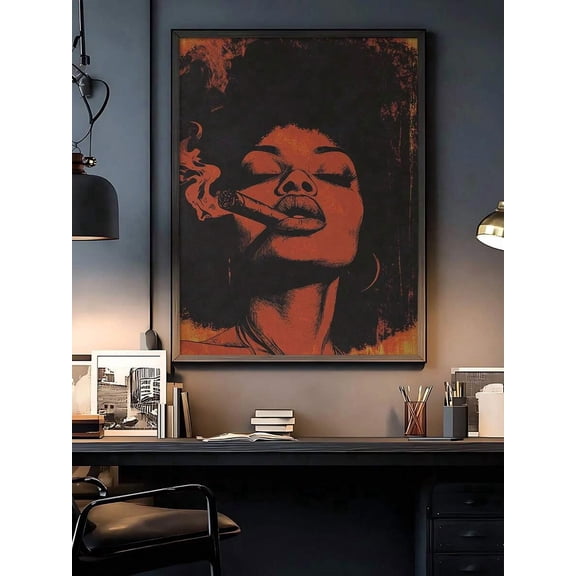 Retro Afro Black Woman Cigar Canvas Wall Art, Vintage Orange Dark Tone African American Female Portrait, Bold Moody Wall Decor