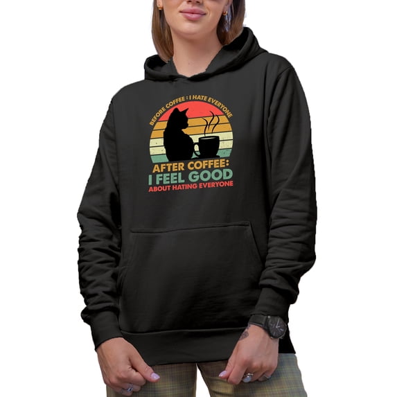 Retro After Coffee, I Feel Good About Hating Everyone feat. a Cat, Black Hooded Sweatshirt or Hoodie, XL