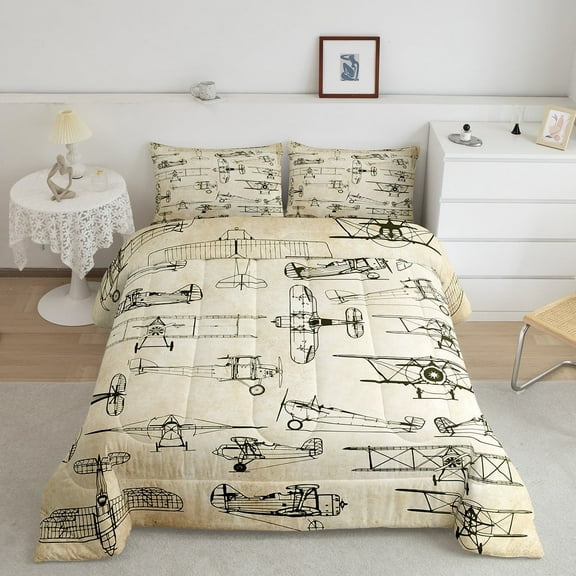 Retro Airplane Bedding Comforter Sets Full Size,Propeller Airplane Comforter Set Adults,Old Fashioned Aircraft Bedding Hand Drawn Style Vintage Pattern Duvet Insert Military Airplane Decor
