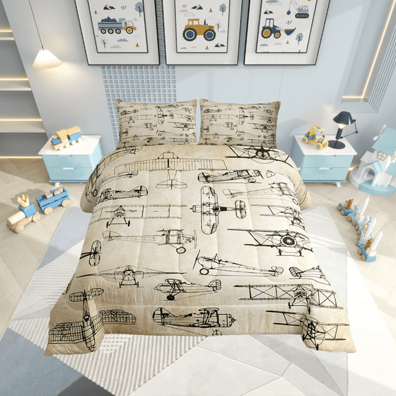 Retro Airplane Bedding Comforter Sets King Size,Propeller Airplane Comforter Set Adults,Old Fashioned Aircraft Bedding Hand Drawn Style Vintage Pattern Duvet Insert Military Airplane Decor