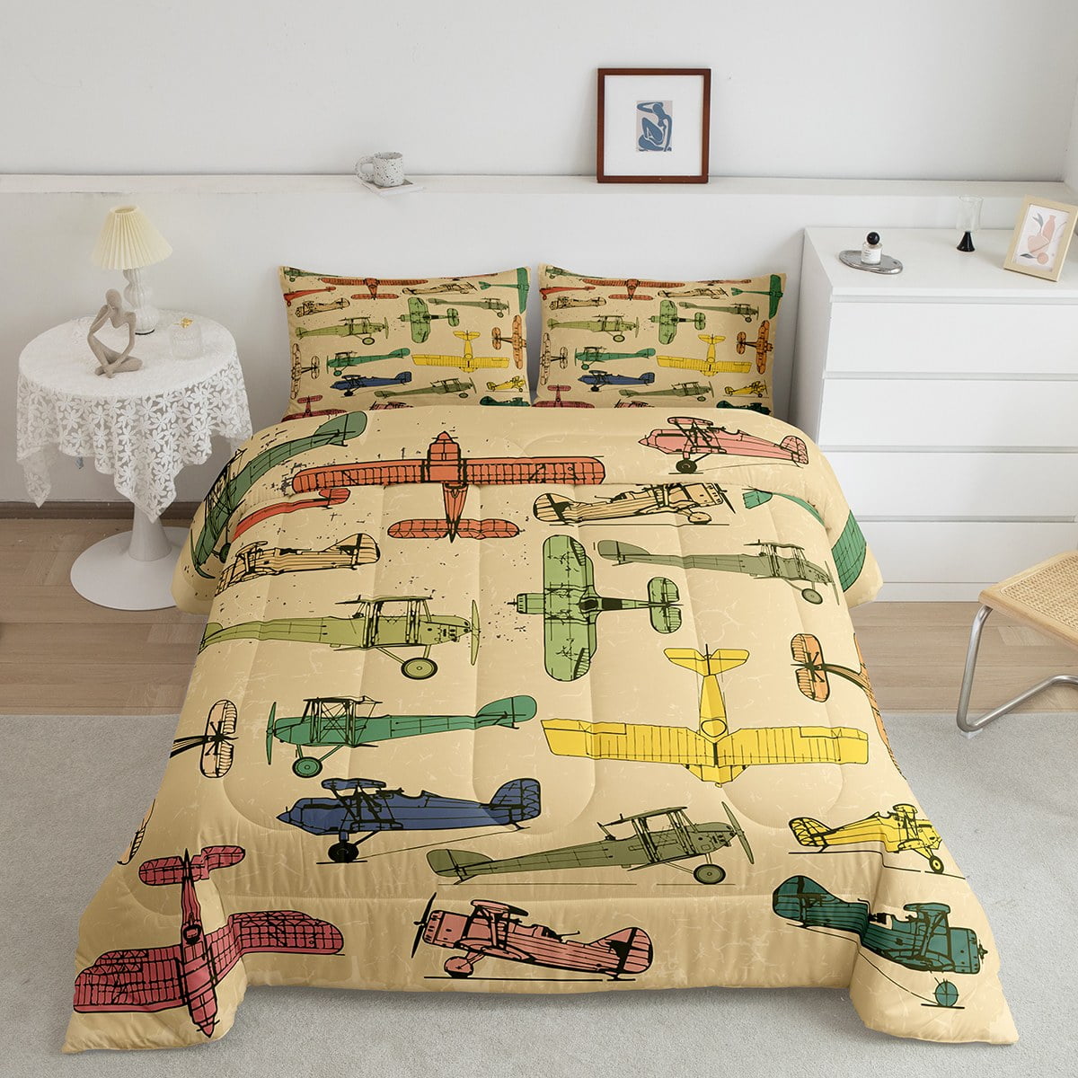 Retro Airplane Bedding Twin Size Vintage Propeller Airplane Bedding