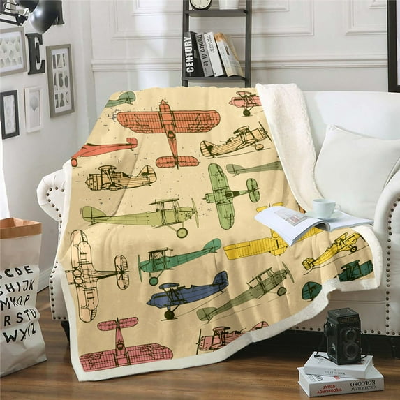 Retro Airplane Blanket Twin Size Vintage Propeller Airplane Throw Blanket for Bed Sofa Couch,Colorful Aircrafts Fleece Blanket Aviation Themed Fuzzy Blanket Adults Grunge Room Decor