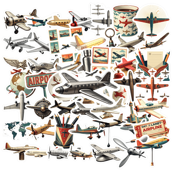 Retro Airplane Theme Stickers, Waterproof Airplane Theme Sticker for Water Bottle Laptop Phone Cases Planner Skateboard Luggage Helmet Party Favor Decor, Ideal for Adults Teens Teacher Rewards