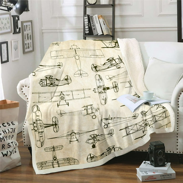 Retro Airplane Throw Blanket Throw Size Propeller Airplane Fleece Blanket for Kids Adults Old Fashioned Aircraft Blanket Hand Drawn Style Vintage Pattern Fuzzy Blanket Military Airplane Decor Walmart....