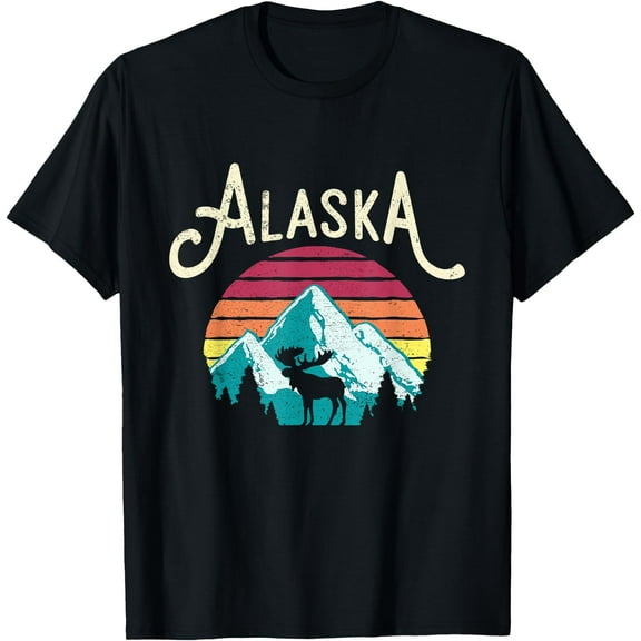 Retro Alaska AK Juneau Mountains Wildlife Moose Unisex T-Shirt for Men Women Kids Toddler,Black Color,Size XL
