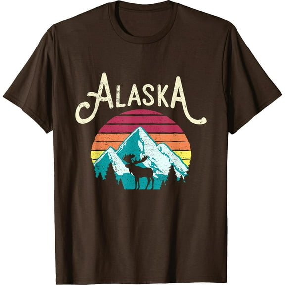 Retro Alaska AK Juneau Mountains Wildlife Moose Unisex T-Shirt for Men Women Kids Toddler,Dark Chocolate Color,Size 5XL