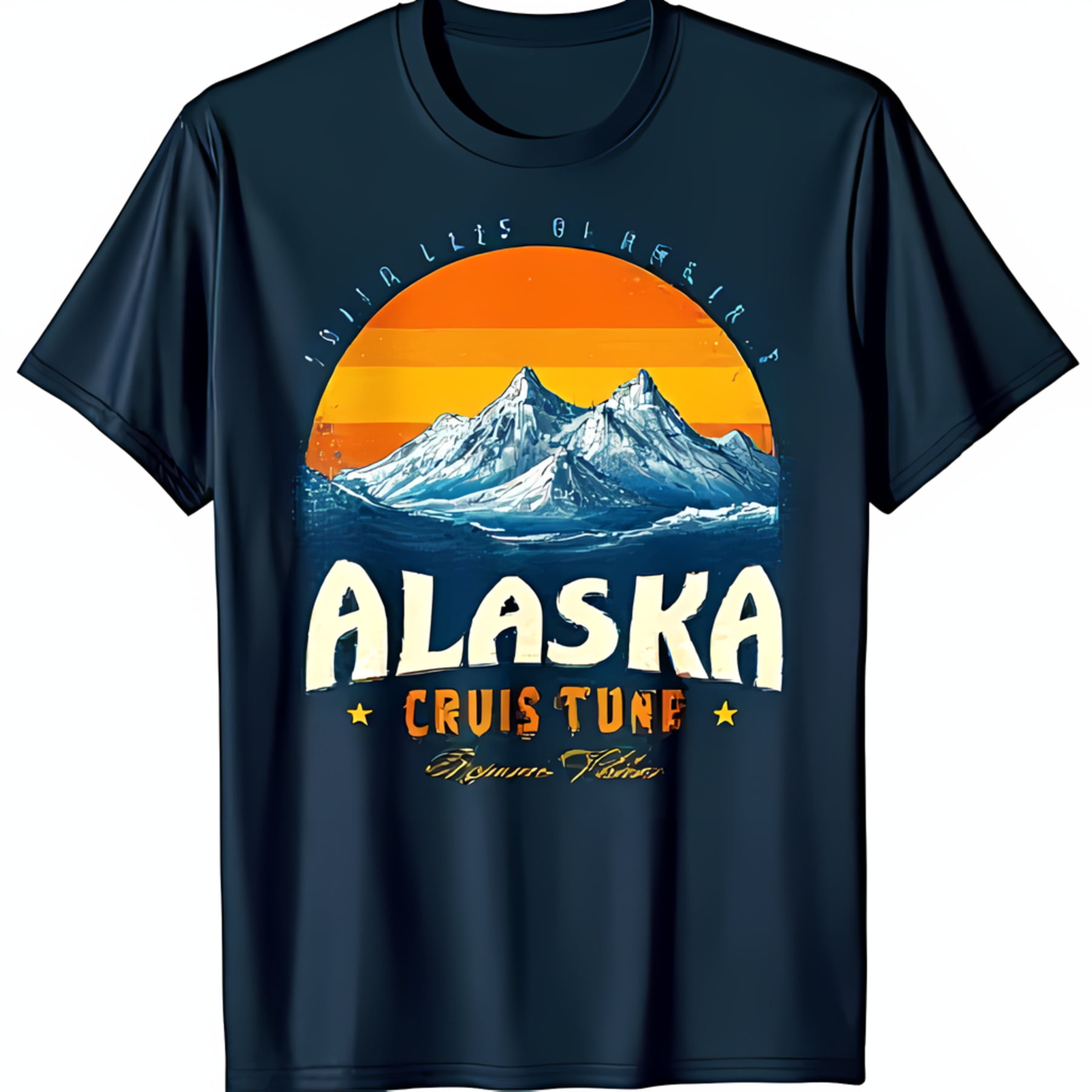 Retro Alaska Cruise TShirt Dark Blue with Mountain Sunset Design & 
