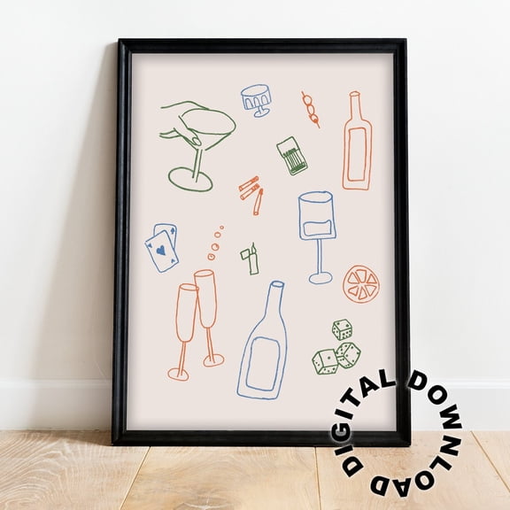 Retro Alcohol Doodle Crayon Sketch Summer Poster, Unframed Paper Poster 8x10in