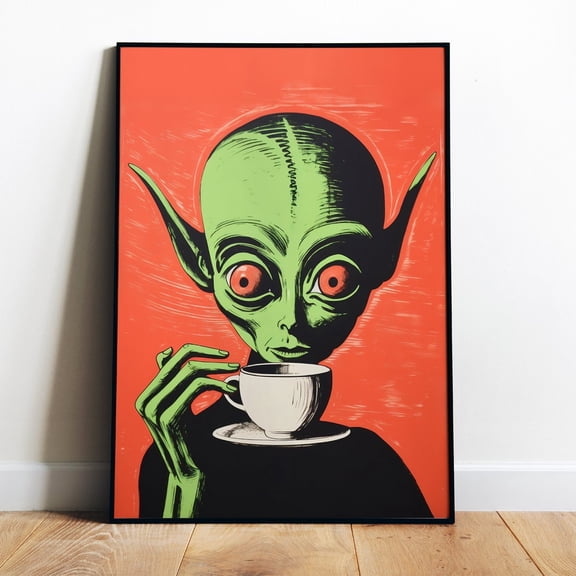 Retro Alien Coffee Art Print: Funny Sci-Fi Kitchen Decor, Stretched Canvas 8x10in