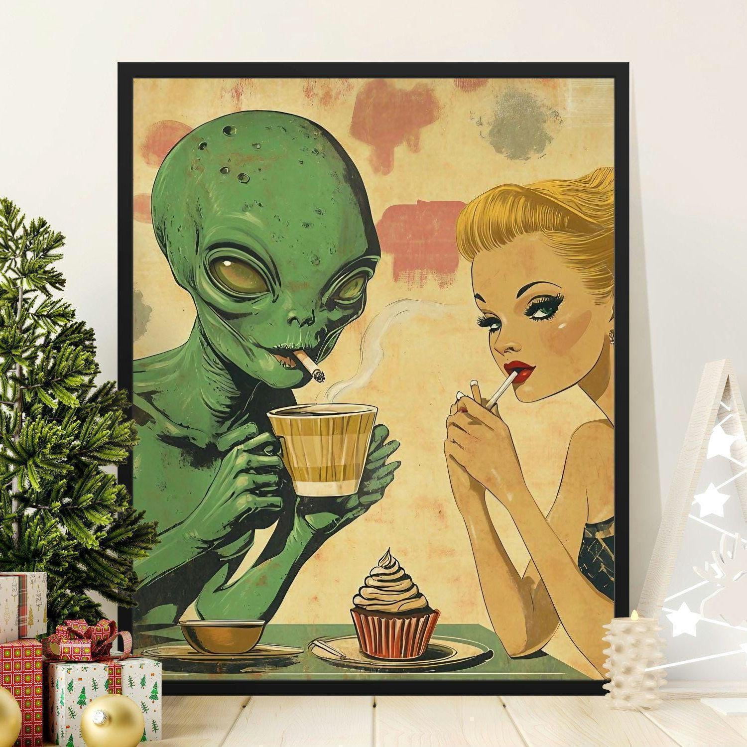 Retro Alien Coffee Date Art Print Kitsch Scifi Decor Home Decor Office ...