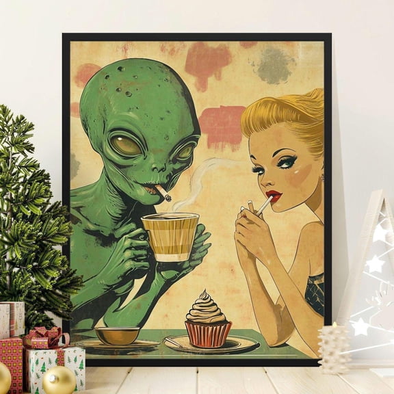 Retro Alien Coffee Date Art Print Kitsch Scifi Decor Home Decor Office Wall Art