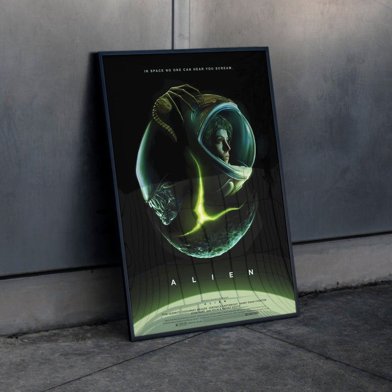 Retro Alien Poster, Vintage 70s Horror Movie Wall Art, Sigourney Weaver
