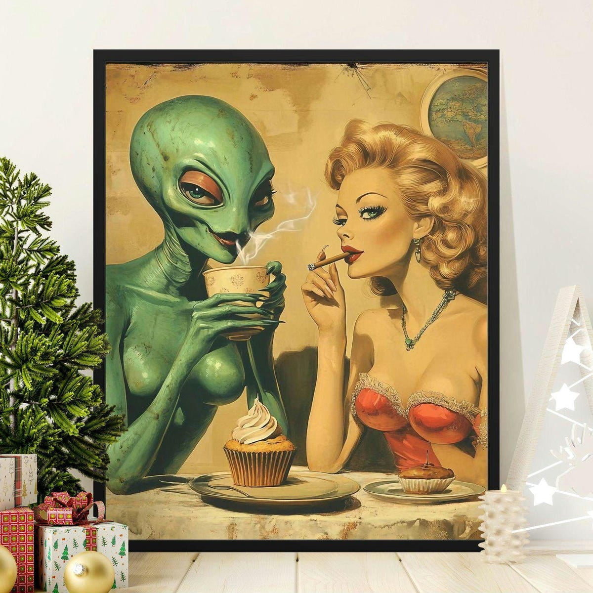 Retro Alien and Woman Wall Art, Alien Drinking Coffee, Vintage Sci-Fi ...