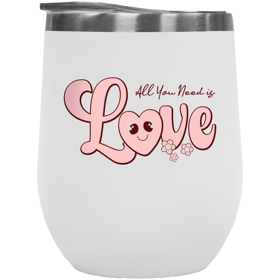 Retro All You Need Is Love with Smiling Heart, Valentine's Day Gift, White 12oz Wine Tumbler