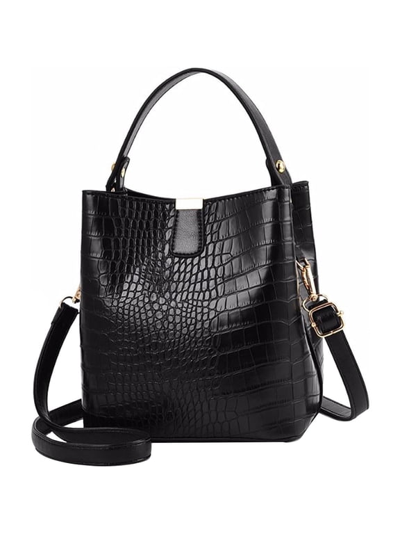 Retro Alligator Bucket Bag, Genuine Leather Crocodile Pattern Designer Shoulder and Crossbody Wallet Bag for Women