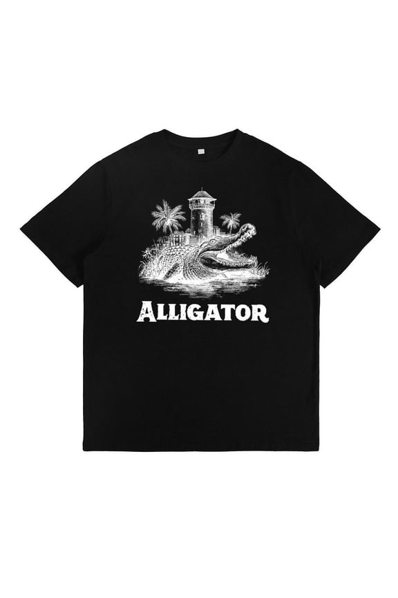 Retro Alligator Graphic Tee Washed Vintage T-Shirt Top Cotton Casual Short Sleeve Shirt Black S-5XL