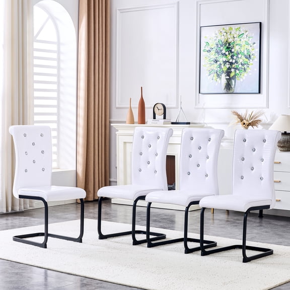 Retro Alligator Skin Upholstered Dining Chairs Set of 4, Faux Leather with Crystal Buckle Design, Black Spray-Painted Metal Bow Legs