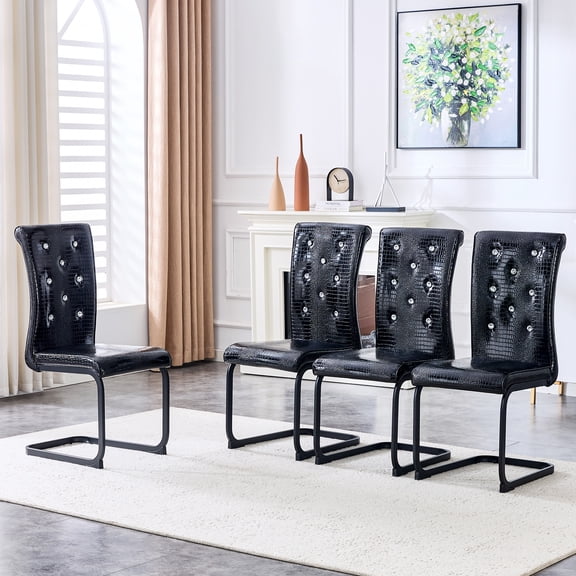 Retro Alligator Skin Upholstered Dining Chairs Set of 4, Faux Leather with Crystal Buckle Design, Black Spray-Painted Metal Bow Legs