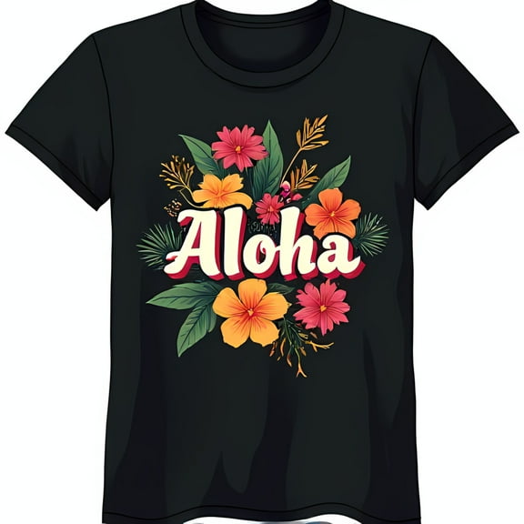 Retro Aloha T-Shirt with Tropical Flower Arrangement Black Tee