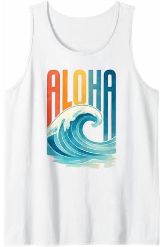 Retro Aloha Wave Design Vintage Hawaii Surf Style Ocean Wave Tank Top Size S-3XL