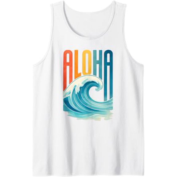 Retro Aloha Wave Design Vintage Hawaii Surf Style Ocean Wave Tank Top Size S-3XL