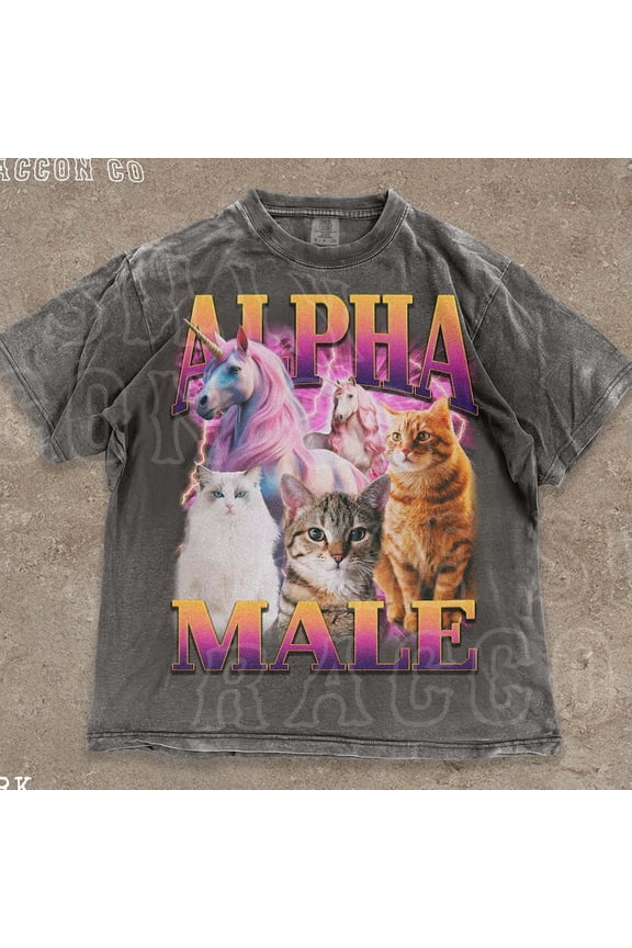 Retro Alpha Male Tee Funny Unicorn Cat Graphic Shirt For Men Vintage 90S Ironic T-Shirt Sigma Male Top Gift Him DARK HEATHER Unisex S-5XL Hot Trending Shirt, Vintage Birthday Gift
