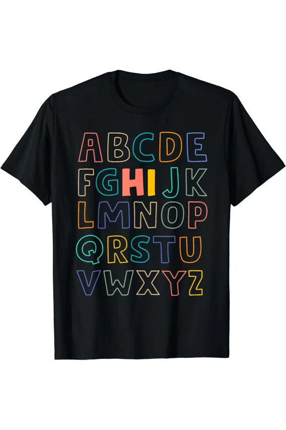 Retro Alphabet ABC Tee Colorful Outline Letters Kindergarten Cute Unisex T-Shirt, S-5XL