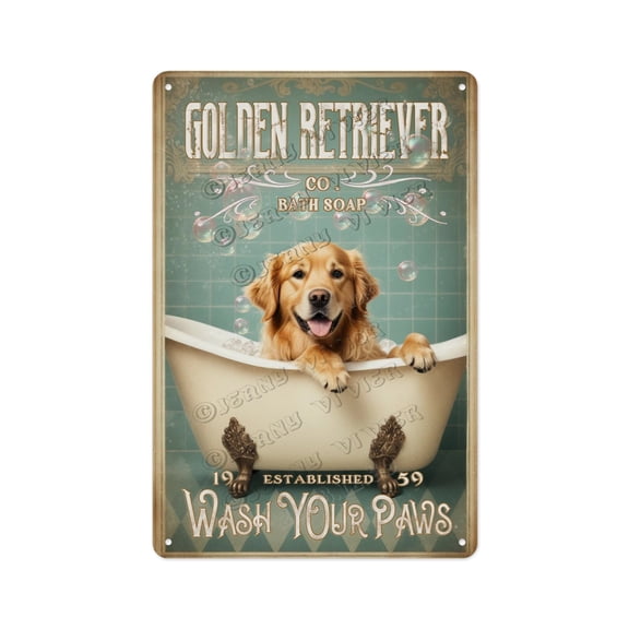 Retro Aluminum Metal Sign, 8 x 12 Inches, Golden Retriever Wash Your Paws Sign, Perfect Wall Decor for Homes, Offices, or Pet Areas, A Fun Gift for Dog Lovers